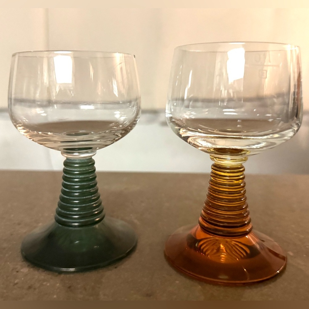 2 Roemer Jagst German (beehive stemmed) 4 oz glasses. Green & Amber 4.5”H